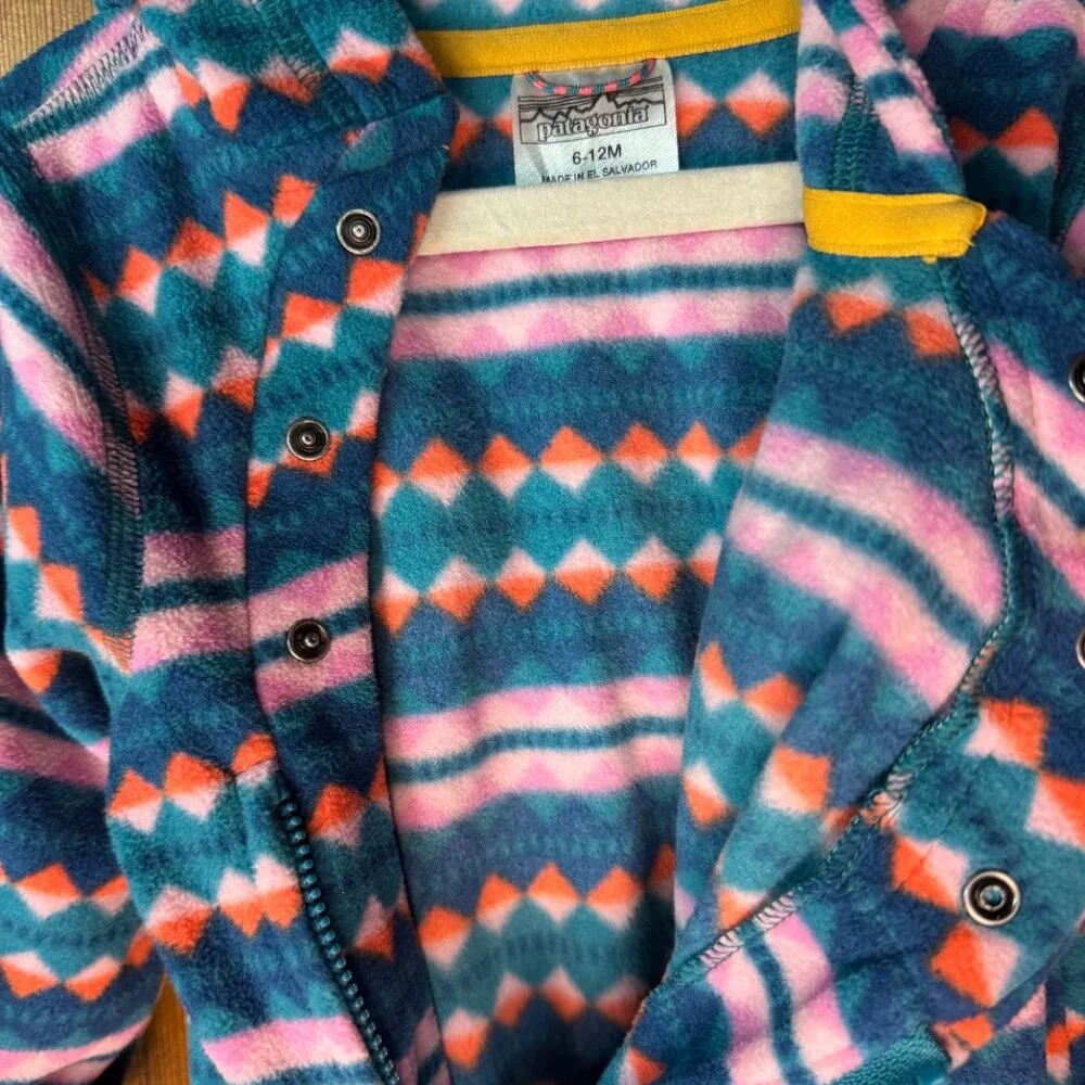 Patagonia Kids Footed One-Piece Fleece Romper in Teal, Pink & Orange Geo Print